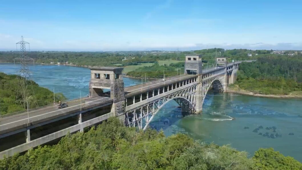 Aerial view of the Britannia Bridge crossing the Menai Strait to Anglesey