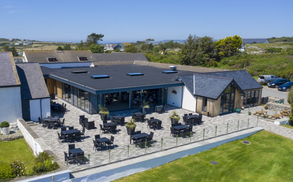 Aerial view of the Deck House and its terrace at Silver Bay